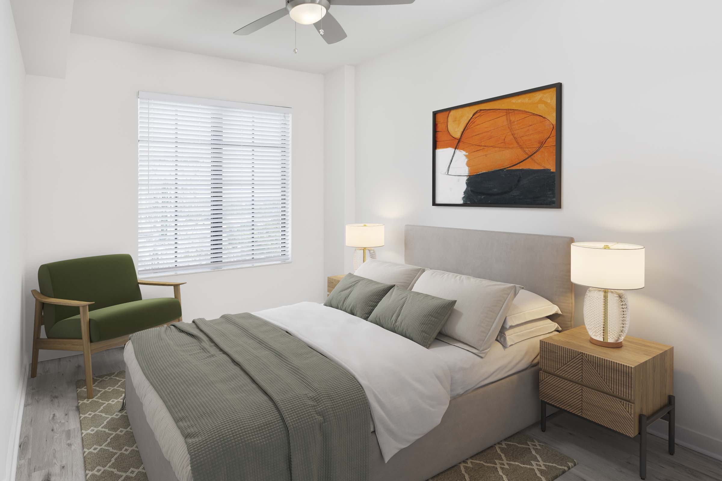 Bedroom with ceiling fan at Camden Central high-rise apartments in St. Petersburg, FL
