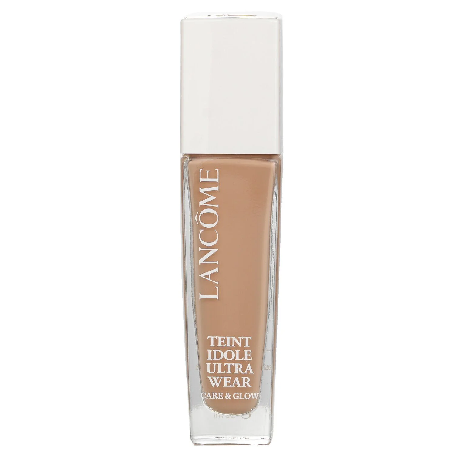 A bottle of Lanc&ocirc;me Teint Idole Ultra Wear foundation with a white cap and a clear glass bottle filled with a beige liquid.