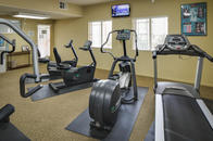 Fitness center with cardio machines, weight machines, and television.