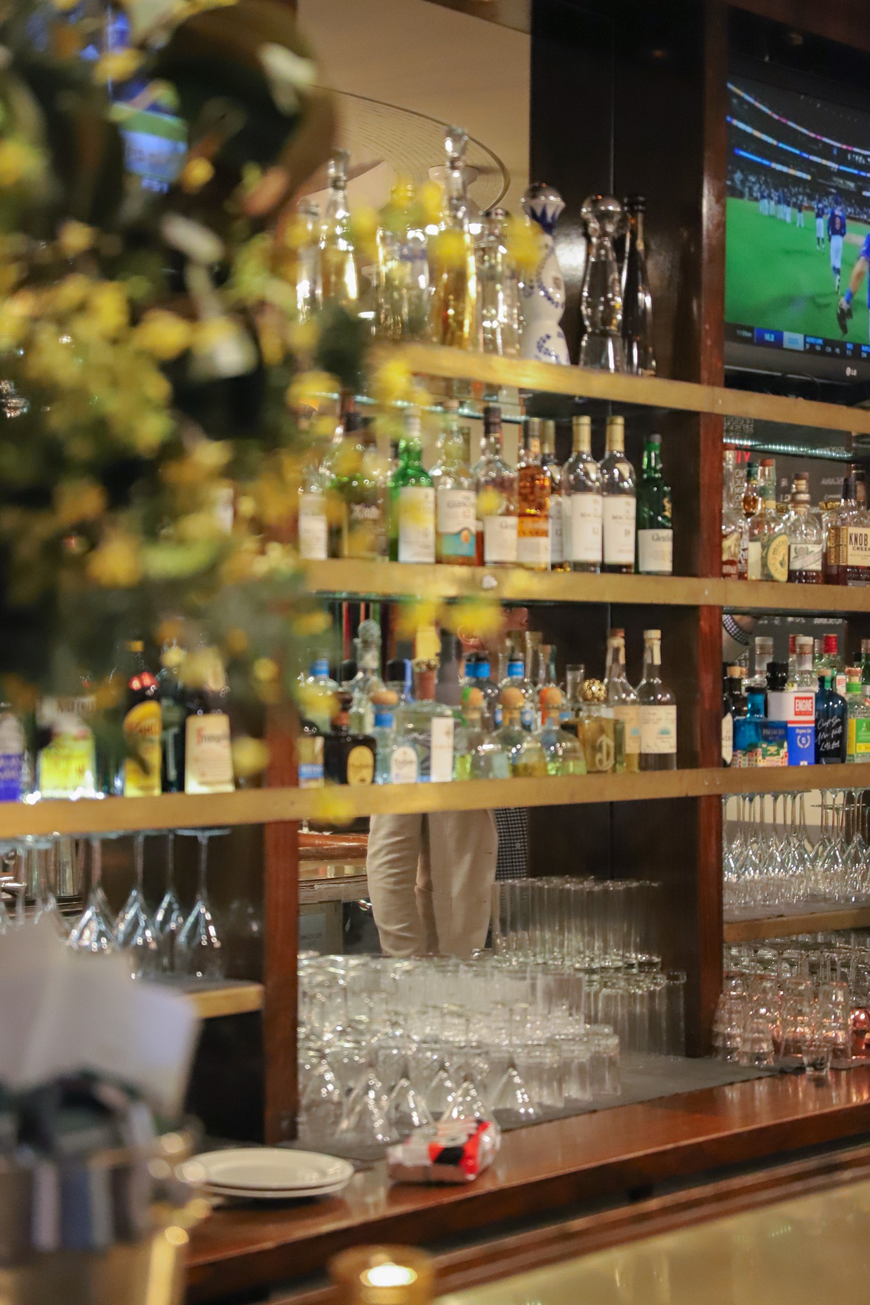 A close-up view of a bar's wooden shelving filled with an array of glass bottles and glassware. In the background, a television shows a sports game, and greenery is visible in the foreground.