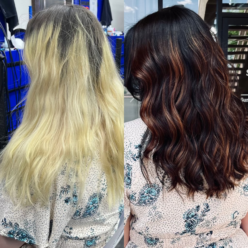 Full color correction transforming blonde hair into a warm dimensional brunette. This service restored depth tone balance and a more natural finish.
