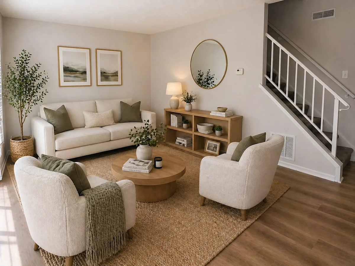 A living room with a white couch, two chairs, and a coffee table.