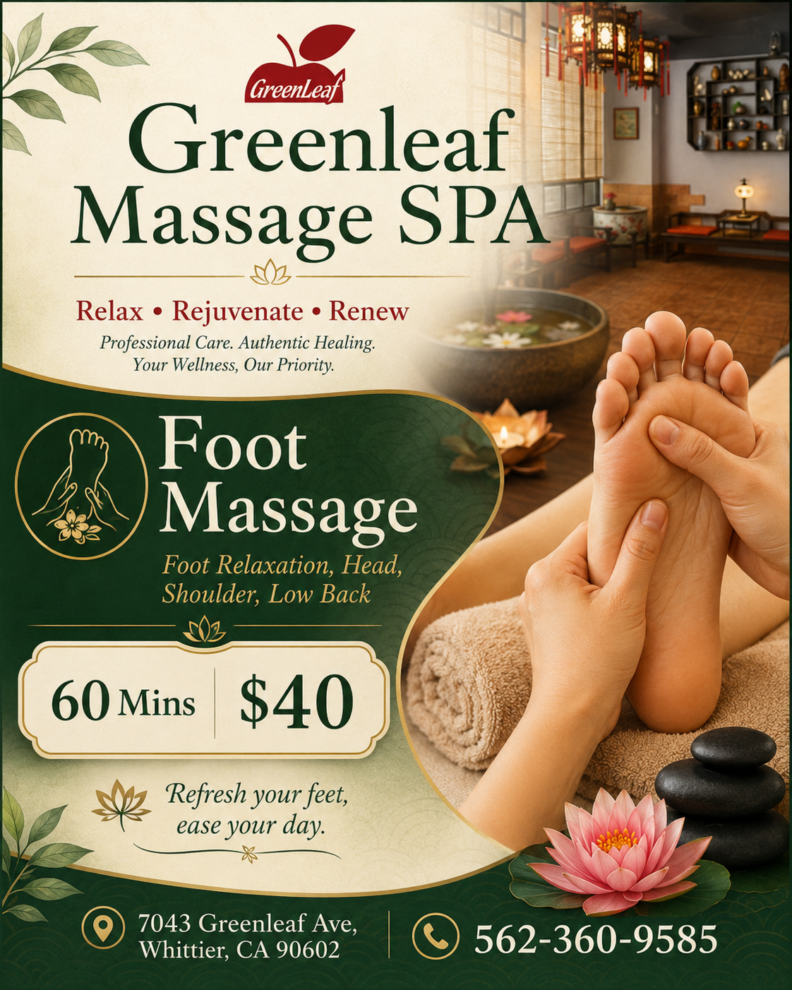 Reflexology, called "Zone Therapy" using gentle to firm finger pressure to an acupressure point
on the feet ankles and legs to relieve plantar fasciitis.