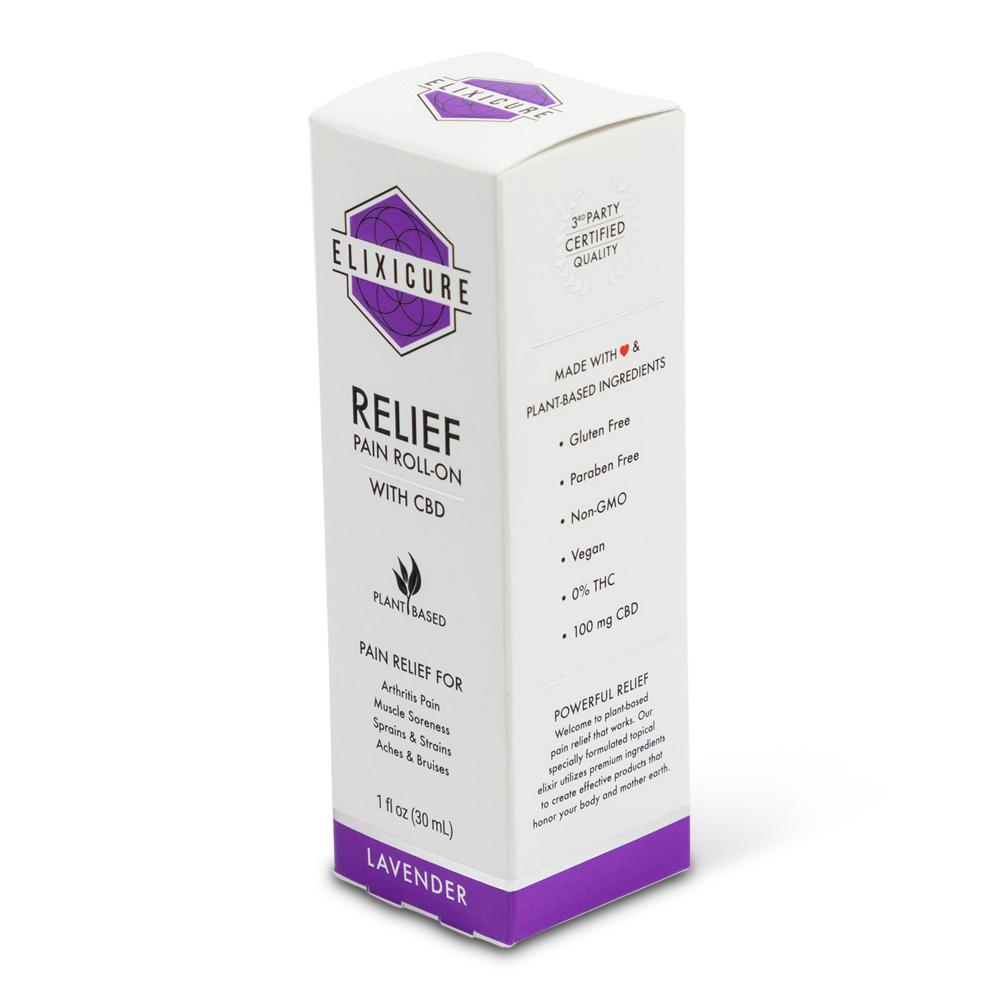 Tuck box for Elixicure CBD pain relief roll-on. Custom packaging by PLC Print.
