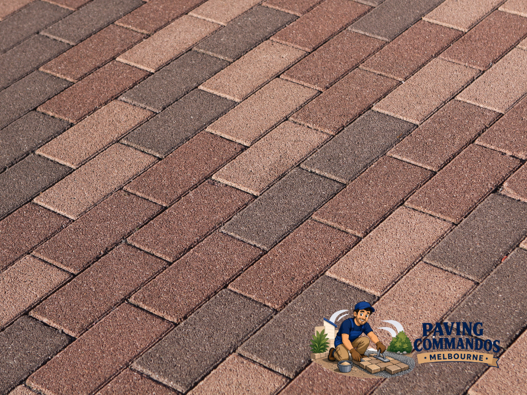 Close-up view of brown and tan interlocking pavers arranged in a repeating pattern, highlighting paver color and texture.