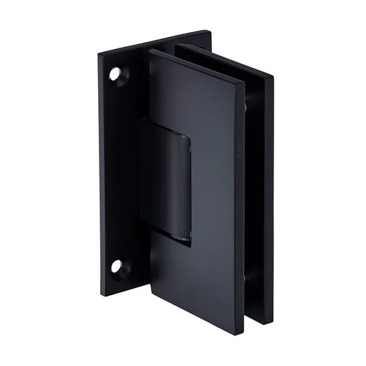 A black shower door hinge is shown against a white background. The hinge is made of metal and has a modern, minimalist design. It is attached to a flat plate with two screw holes, indicating it is designed for wall mounting. The hinge itself is robust and appears to be made for heavy-duty use, likely for a glass shower enclosure.