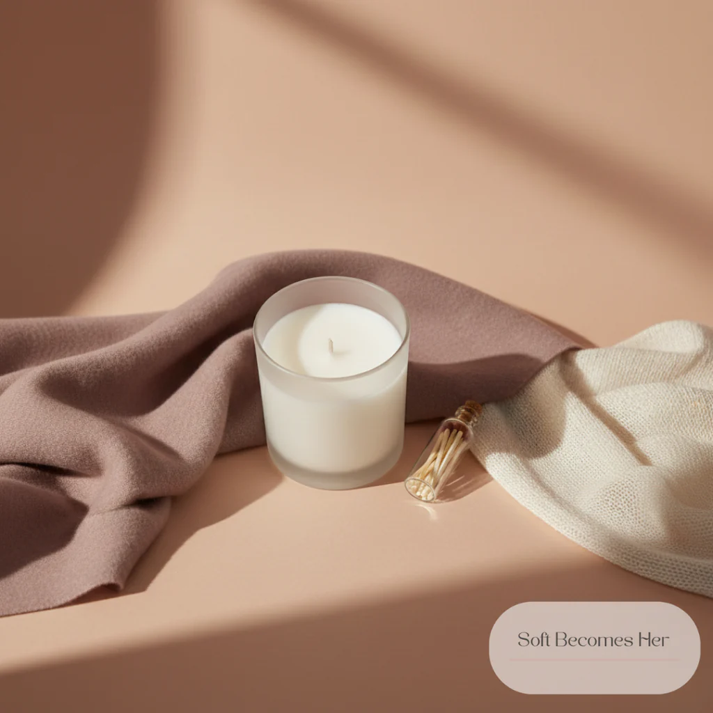 A close-up shot of a frosted glass candle with a white candle inside. Next to the candle is a small glass bottle filled with wooden matches. Two pieces of fabric, one a dusty rose color and the other a cream color, are draped around the candle and matches, creating a soft and cozy aesthetic. The background is a plain peach color with a shadow diagonally cast from the upper left corner. In the bottom right corner, there is a rounded oval with the text "Soft Becomes Her" in a light pink cursive font. The overall scene evokes a sense of comfort and luxury.