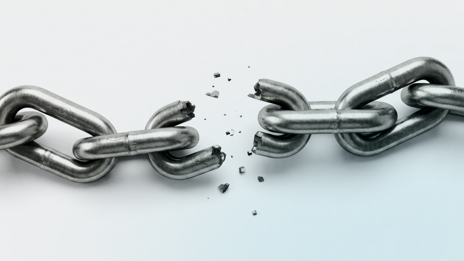 Broken metal chain with a snapped link in the center, fragments scattering against a white background, which represents healthcare data breaking at various points throughout the patient journey.