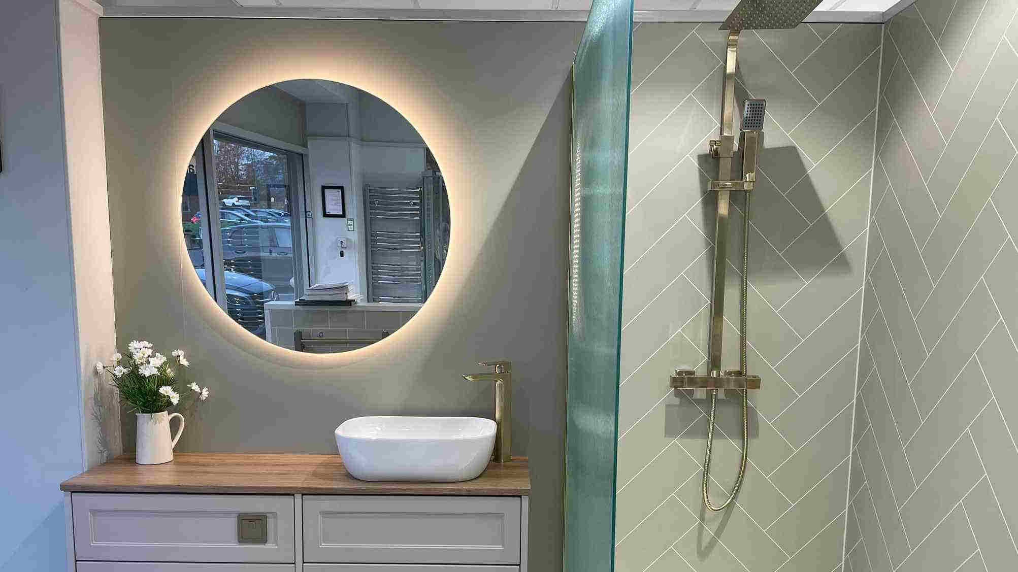 Atlanta Bemodern Cashmere Embleton furniture with natural oak worktop and brushed brass accents.