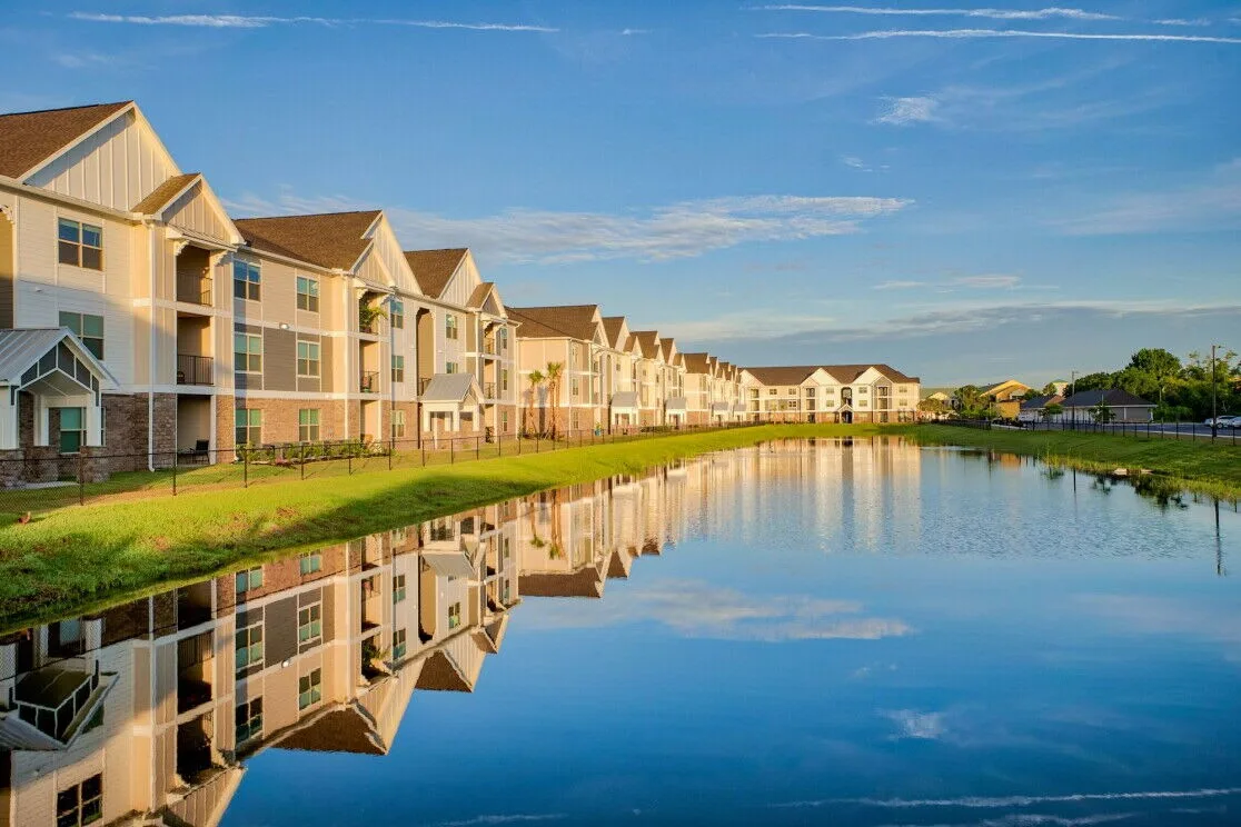Apartment complex with a lake