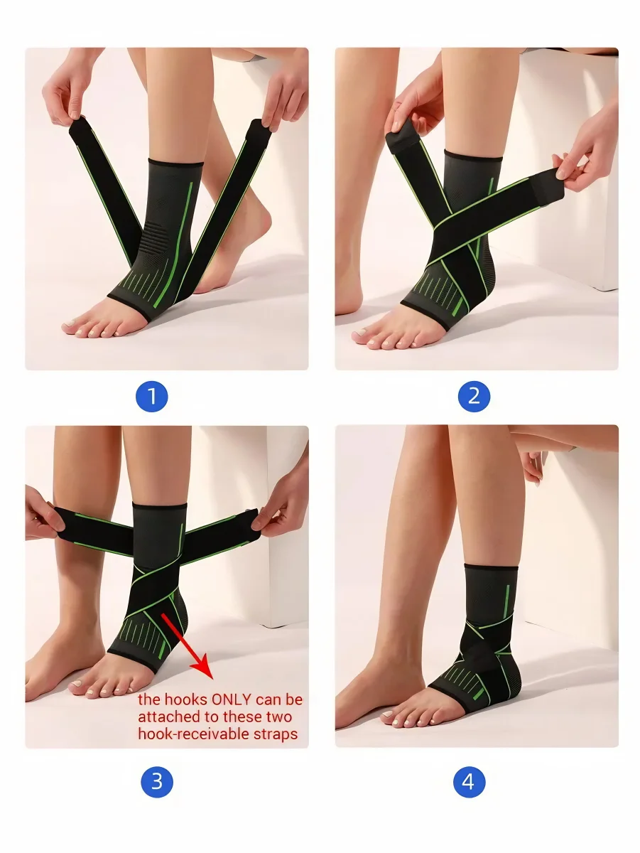 A four-panel collage shows a person's leg and foot in various stages of putting on an ankle brace. The brace is black with green accents and has adjustable straps. Each panel is numbered with a blue circle containing a white number from 1 to 4. Panel 3 includes text and an arrow indicating how the straps should be attached.