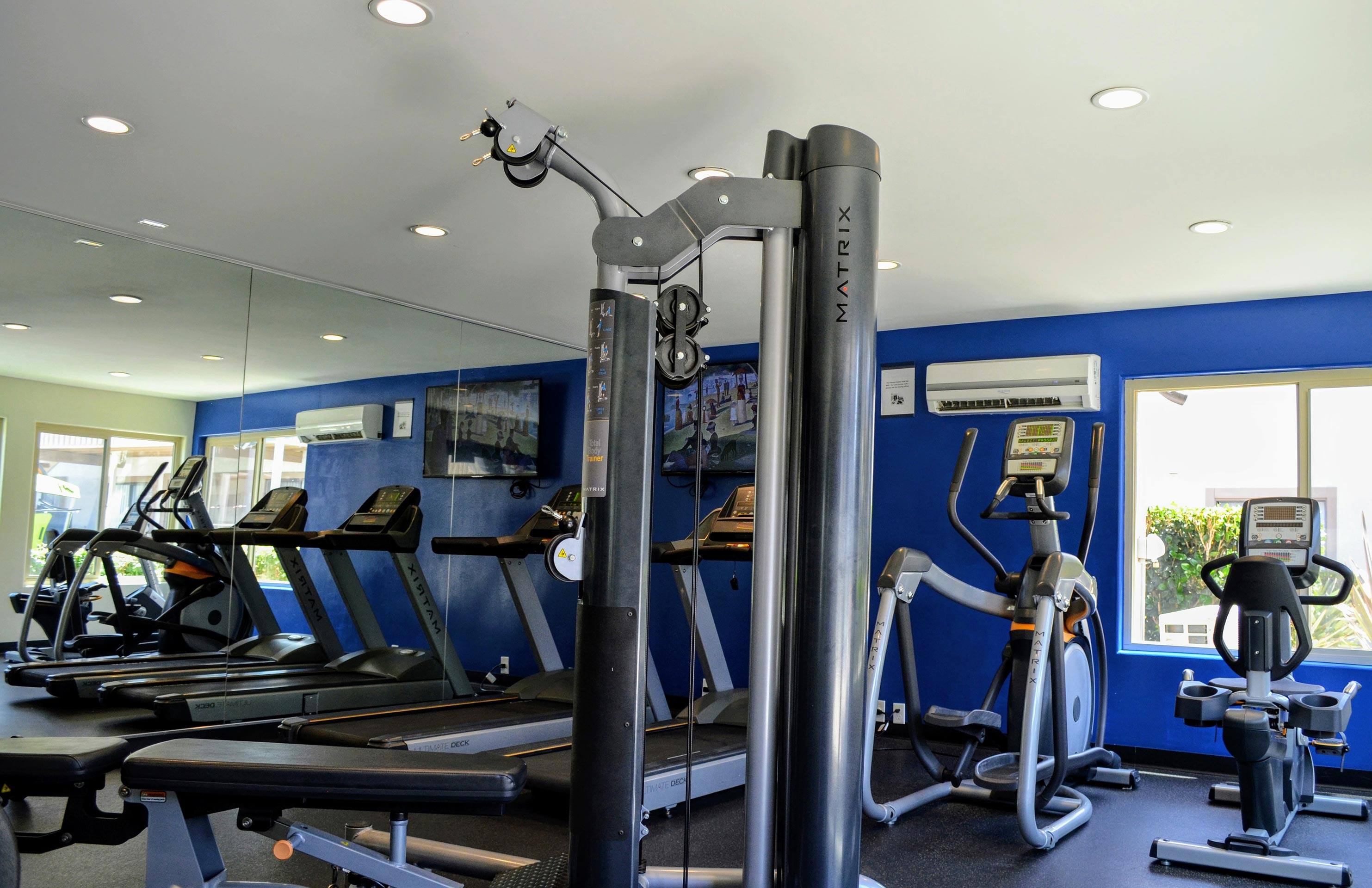 A gym with a variety of equipment including treadmills, stationary bikes, and weight machines.