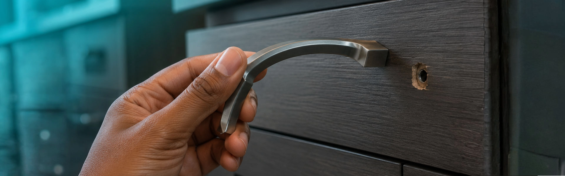 Hand holding drawer handle