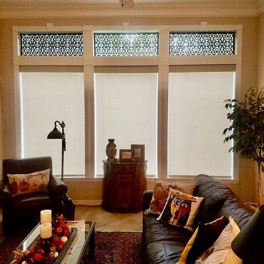 For all those in need of a newly upgraded room to finish off the charm you already have, Budget Blinds of Katy & Sugar Land can do just that. They added Tableaux Faux Irons in the transom windows and Motorized Roller Shades below for these Houston, TX homeowners...what an amazing choice! #BudgetBlin