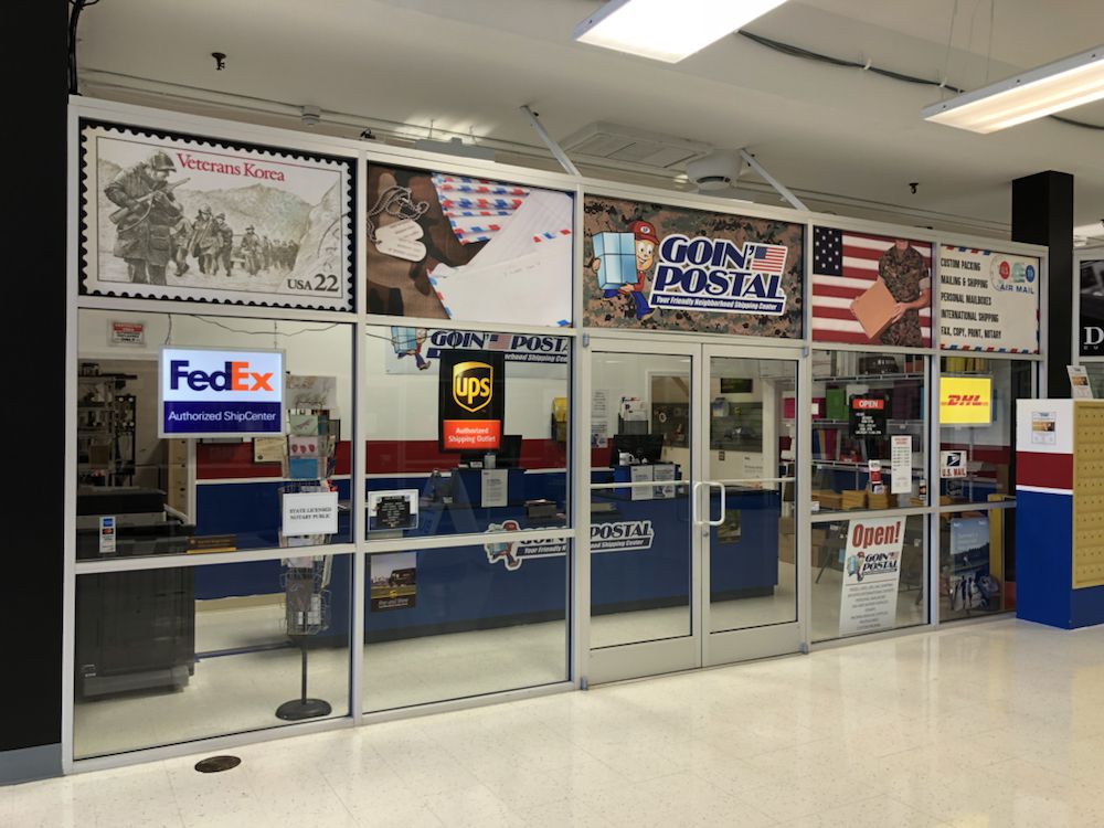We are located inside the Hadnot Point Plaza on Holcomb Blvd. We ship with all major carriers, including FedEx, UPS, USPS, and DHL. We will help you choose the right service for all your shipping and mailing needs.