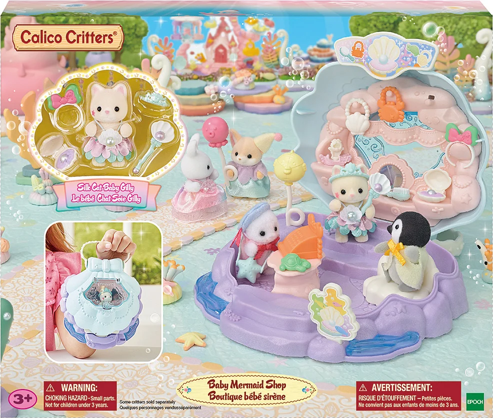 Dive into magical underwater adventures with the Calico Critters Baby Mermaid Shop! This shell-shaped playset includes a Silk Cat baby, adorable ocean-themed accessories, and a portable design for fun anywhere.