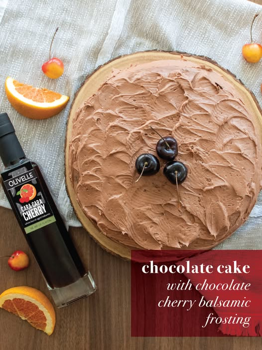 hocolate cake with chocolate cherry balsamic frosting, fresh cherries, and Olivelle Vanilla Maple Infused Olive Oil makes holiday baking easy. Find recipe inspiration at Chef's Shoppe Gourmet Kitchen Store.