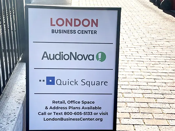 Exterior sign for AudioNova hearing clinic in London, OH