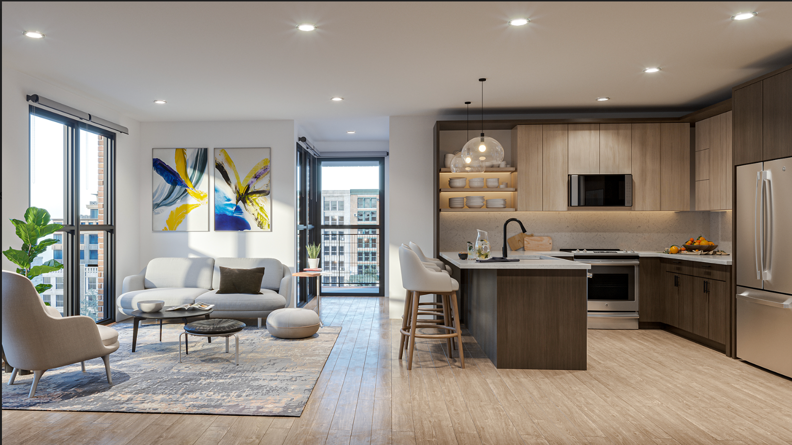 Rendering of spacious upgraded floor plan with floor to ceiling windows.