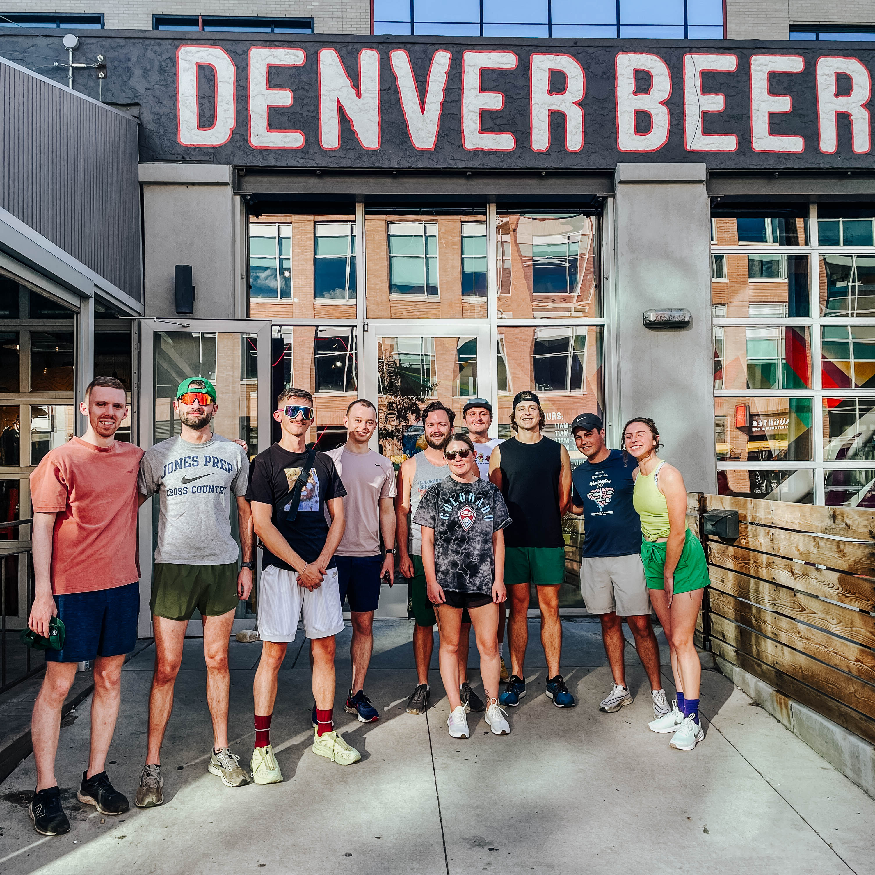 The Denver Beer Co. Run Club team gathers outside the original Platte Street location in Denver's LoHi neighborhood.