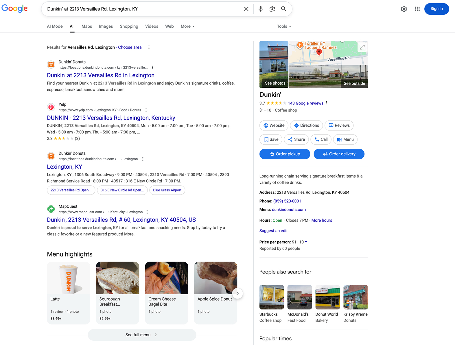 Google search results for Dunkin’ at 2213 Versailles Rd, Lexington, KY, with menu photos, business profile details, operating hours, address, and options to order pickup or delivery.