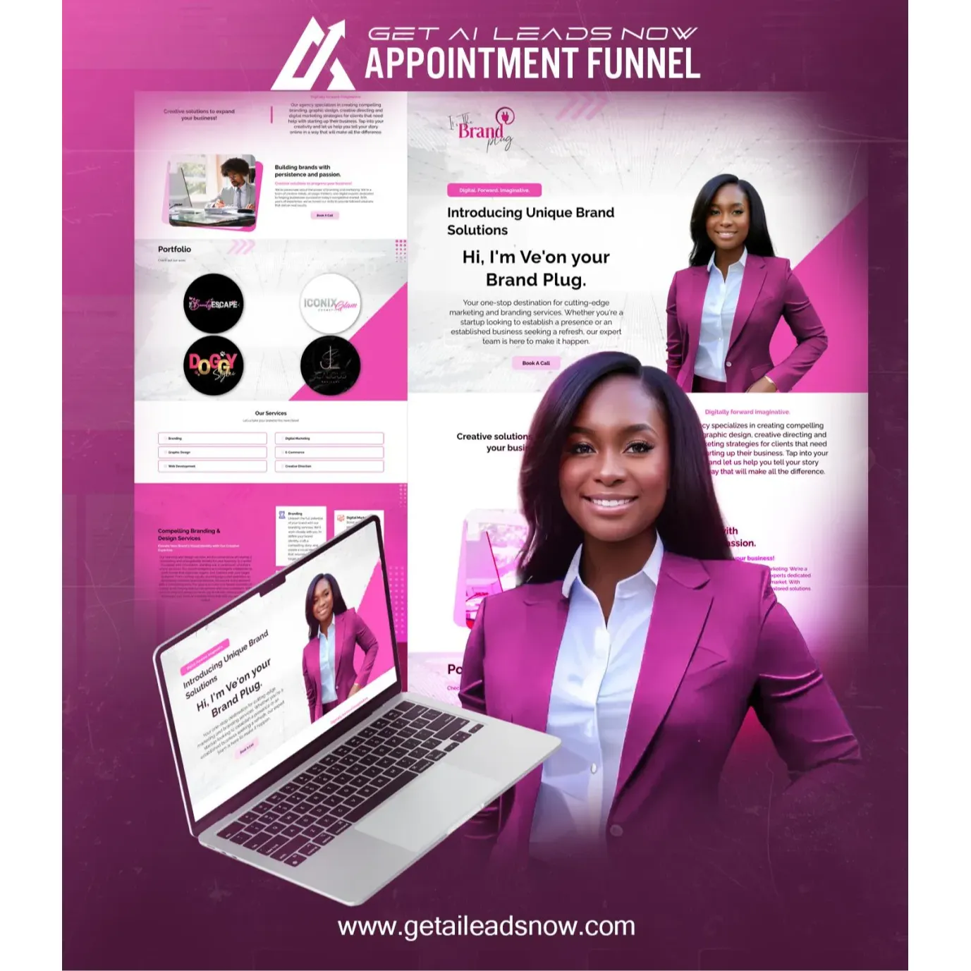 It's The Brand Plug:
Created for branding experts and digital designers, this stylish appointment funnel puts personality and professionalism at the forefront. Ideal for entrepreneurs offering branding, content, or creative services, this funnel captures client interest while showcasing past work.