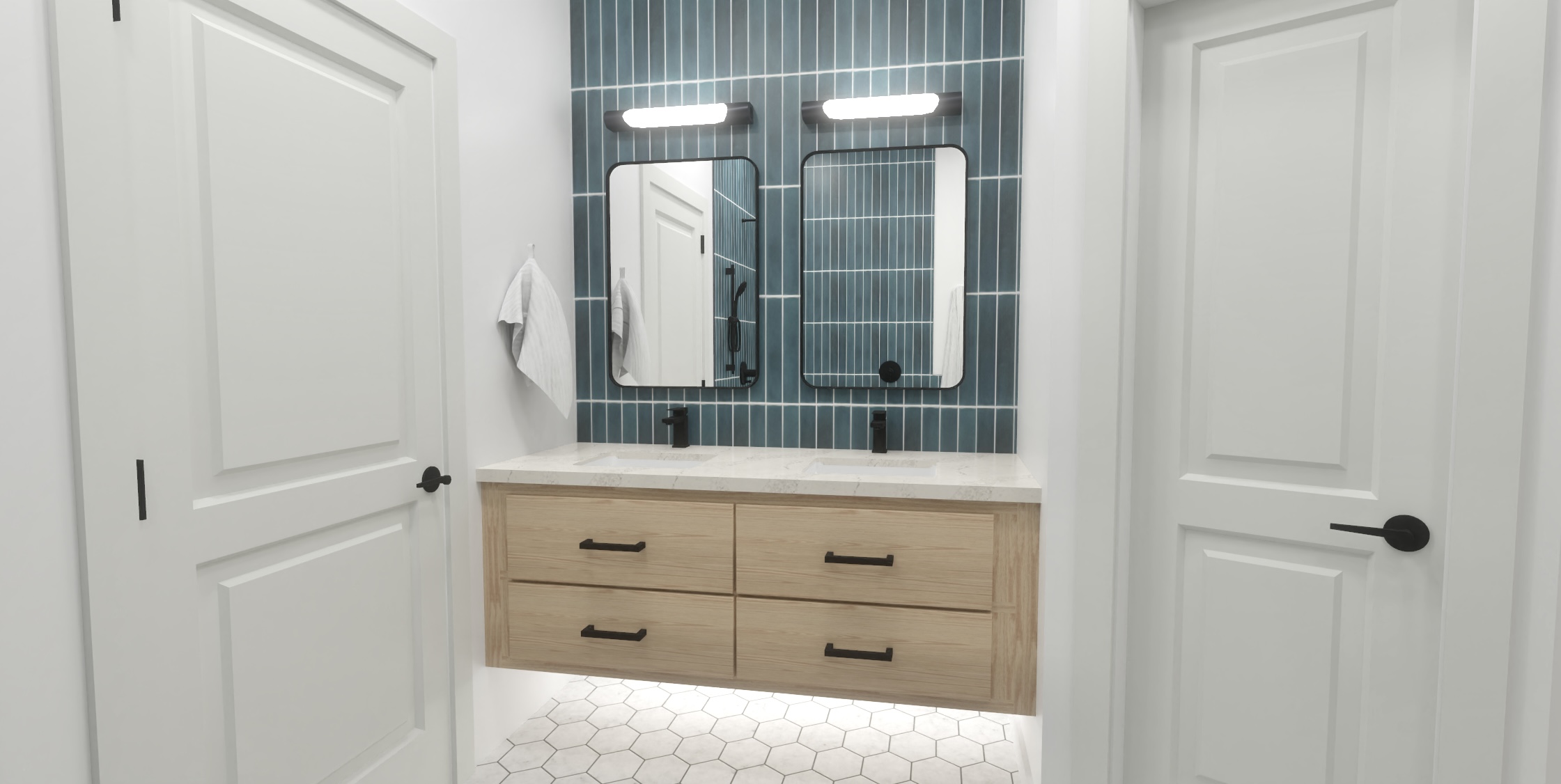 Upgrade your bathroom with a sleek and modern design by Ledezma Remodeling! This 3D rendering showcases a stunning floating wood vanity, elegant black fixtures, and a bold blue tile accent wall for a contemporary touch. The dual mirrors and under-cabinet lighting enhance the space, making it both stylish and functional. Whether you're planning a bathroom remodel or a complete home renovation, Ledezma Remodeling brings your vision to life with expert craftsmanship and attention to detail.