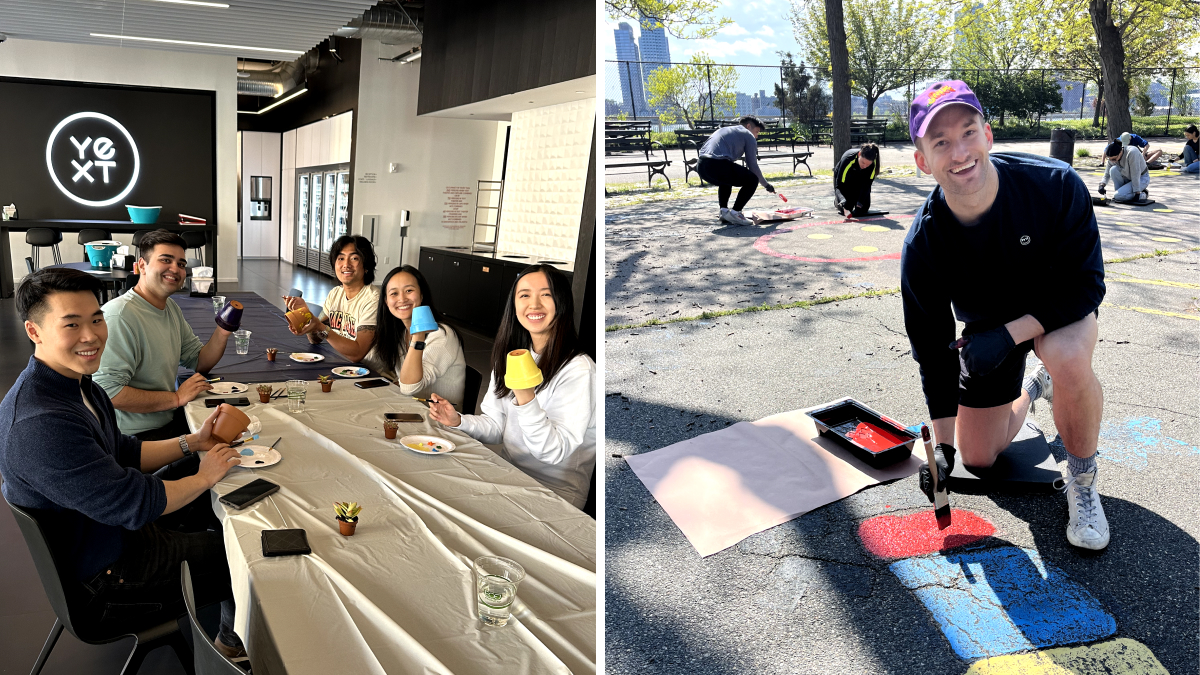 Yext employees decorate planters and paint letters and murals at East River Park in NYC, in partnership with LES Ecology Center.