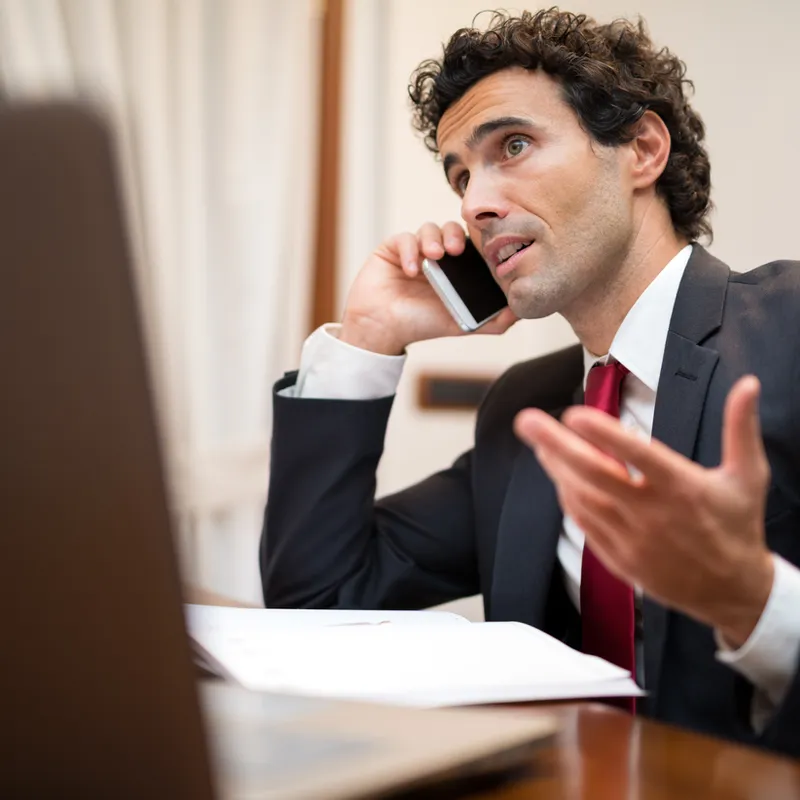 A man in a suit is on the phone, with a laptop and papers in front of him.