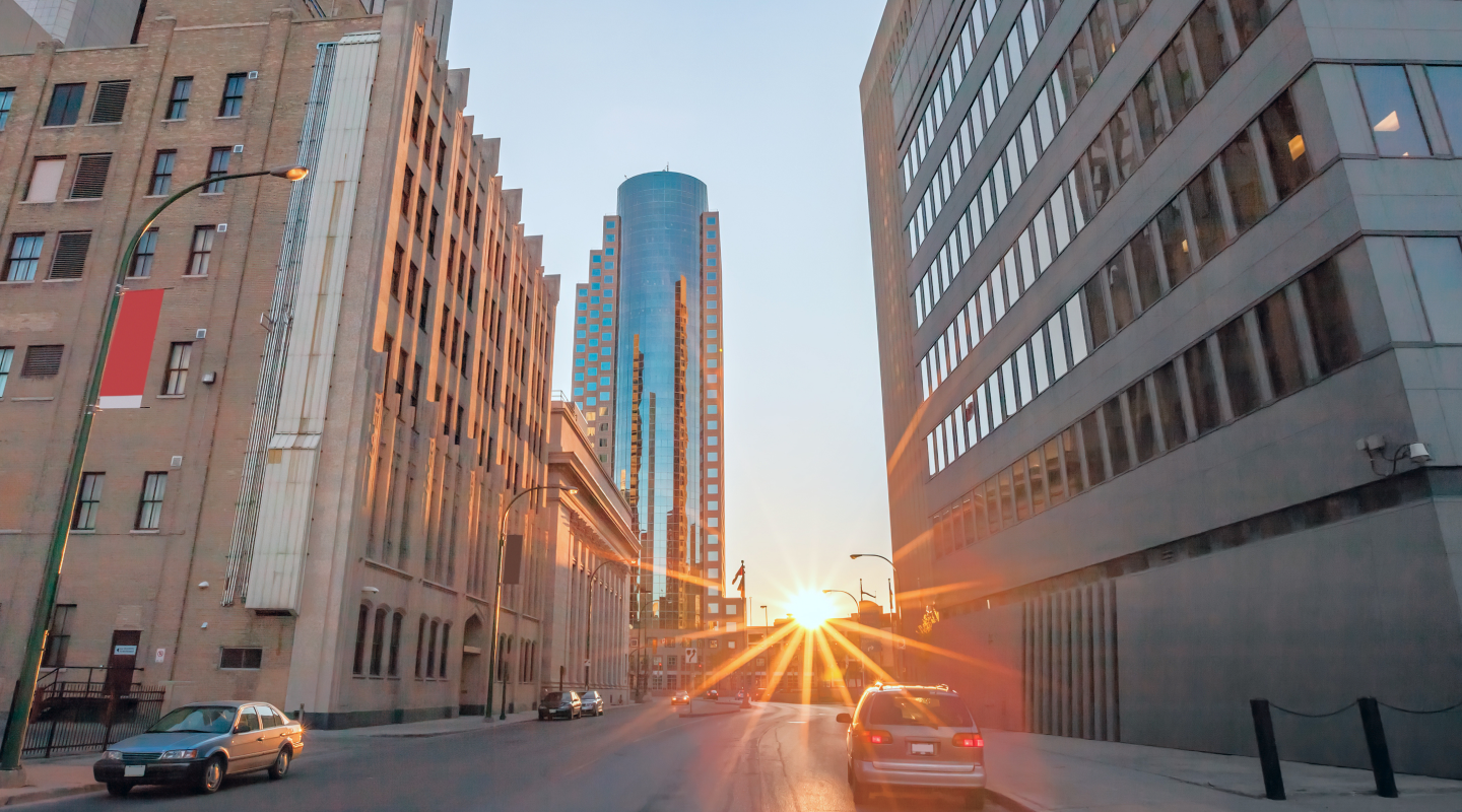 Sunset view along Portage Avenue East in downtown Winnipeg, Manitoba.