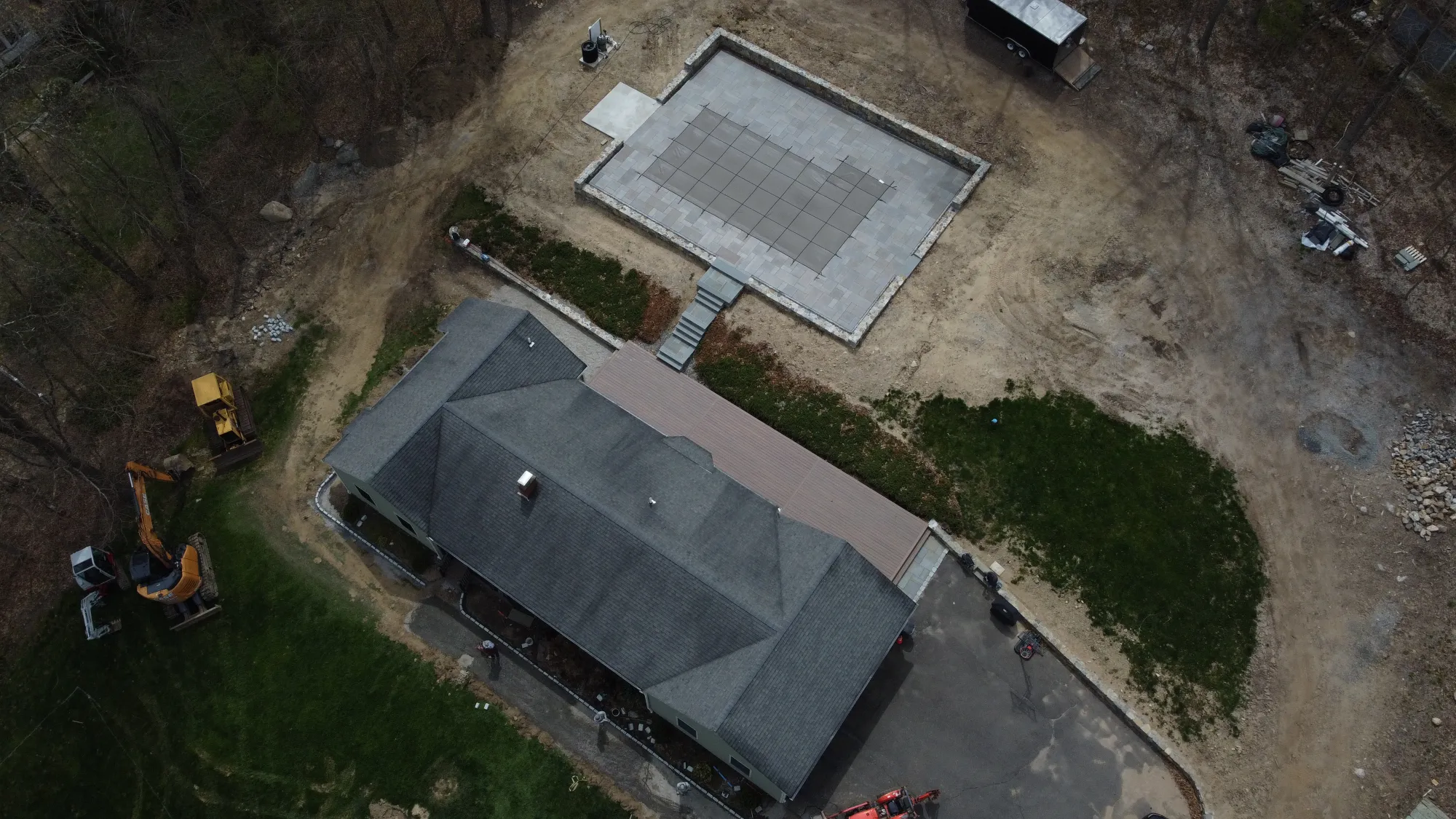 Overhead aerial of a Bethany paver pool deck and backyard - Paver Pool Deck, Bethany project by General Masonry LLC.
