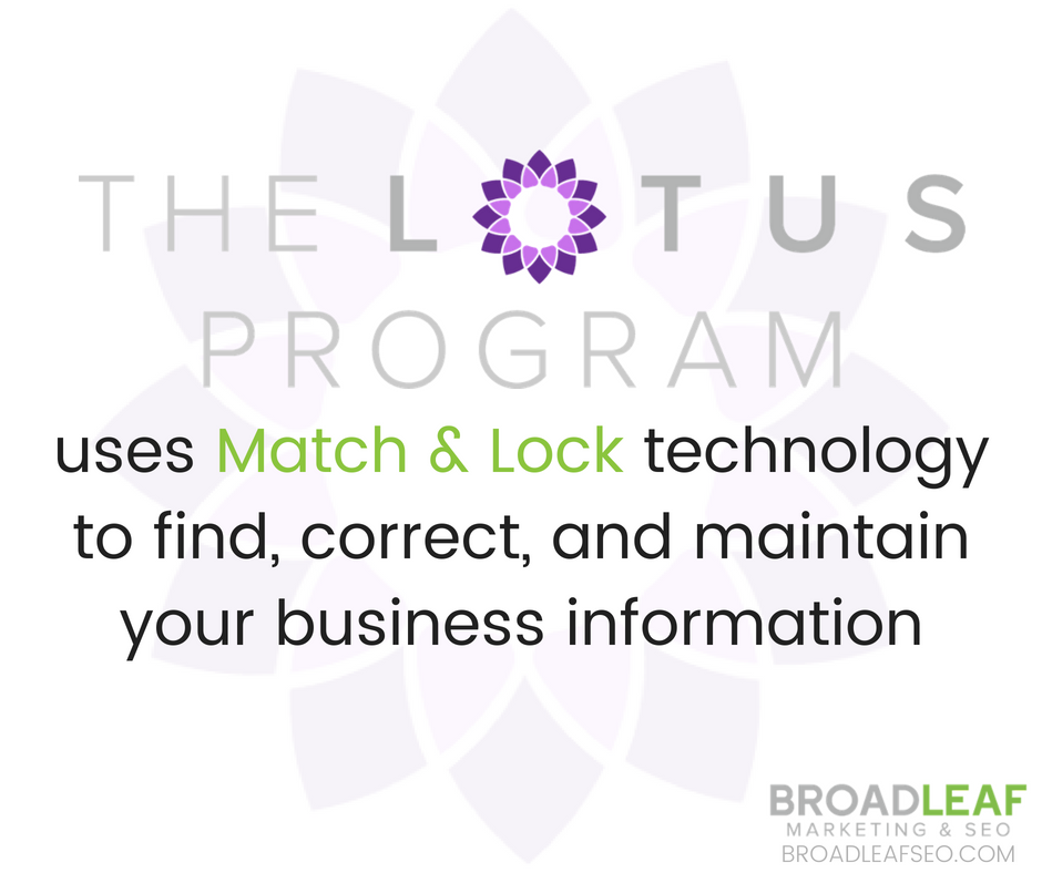 With The Lotus Program by BroadLeaf Marketing & SEO you'll never have to worry about your online business information becoming incorrect again! Our Match & Lock technology locates, corrects, and maintains your business data, protecting you from unauthorized edits and updates! Enroll in Lotus Prime to get started today!