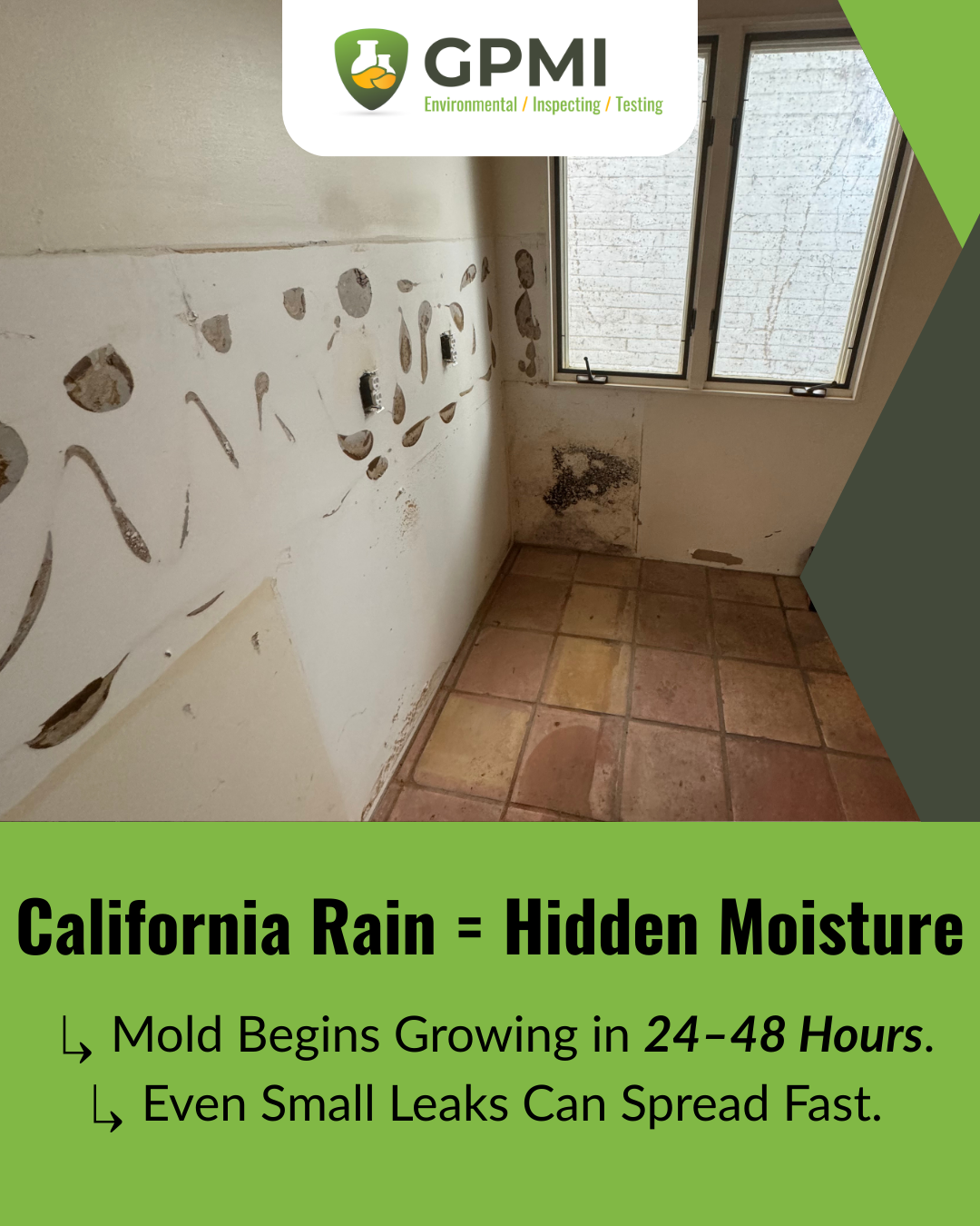 California Hall mold and moisture inspection showing visible wall staining and moisture damage in an indoor room.