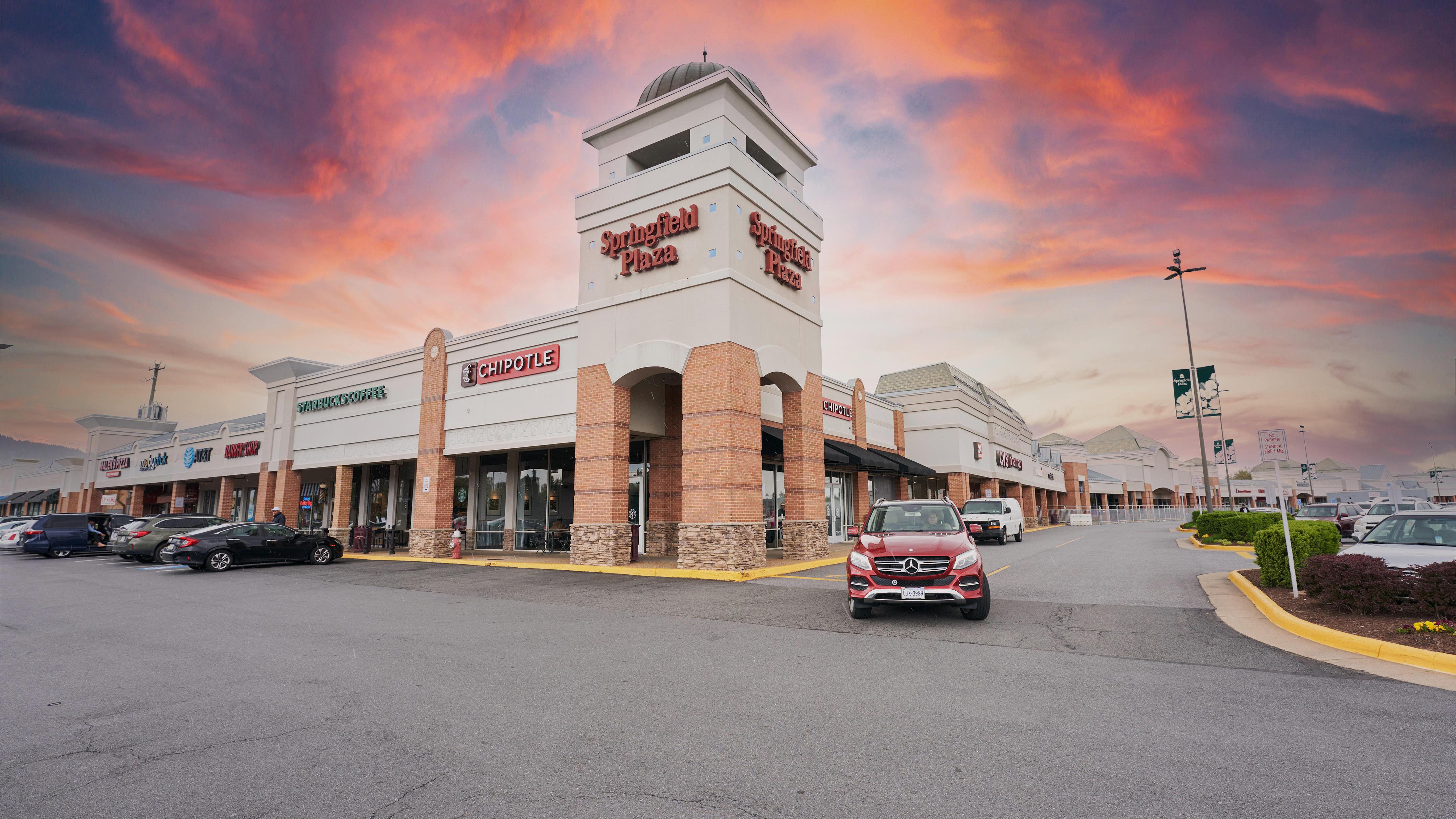 Springfield Plaza exterior at sunset