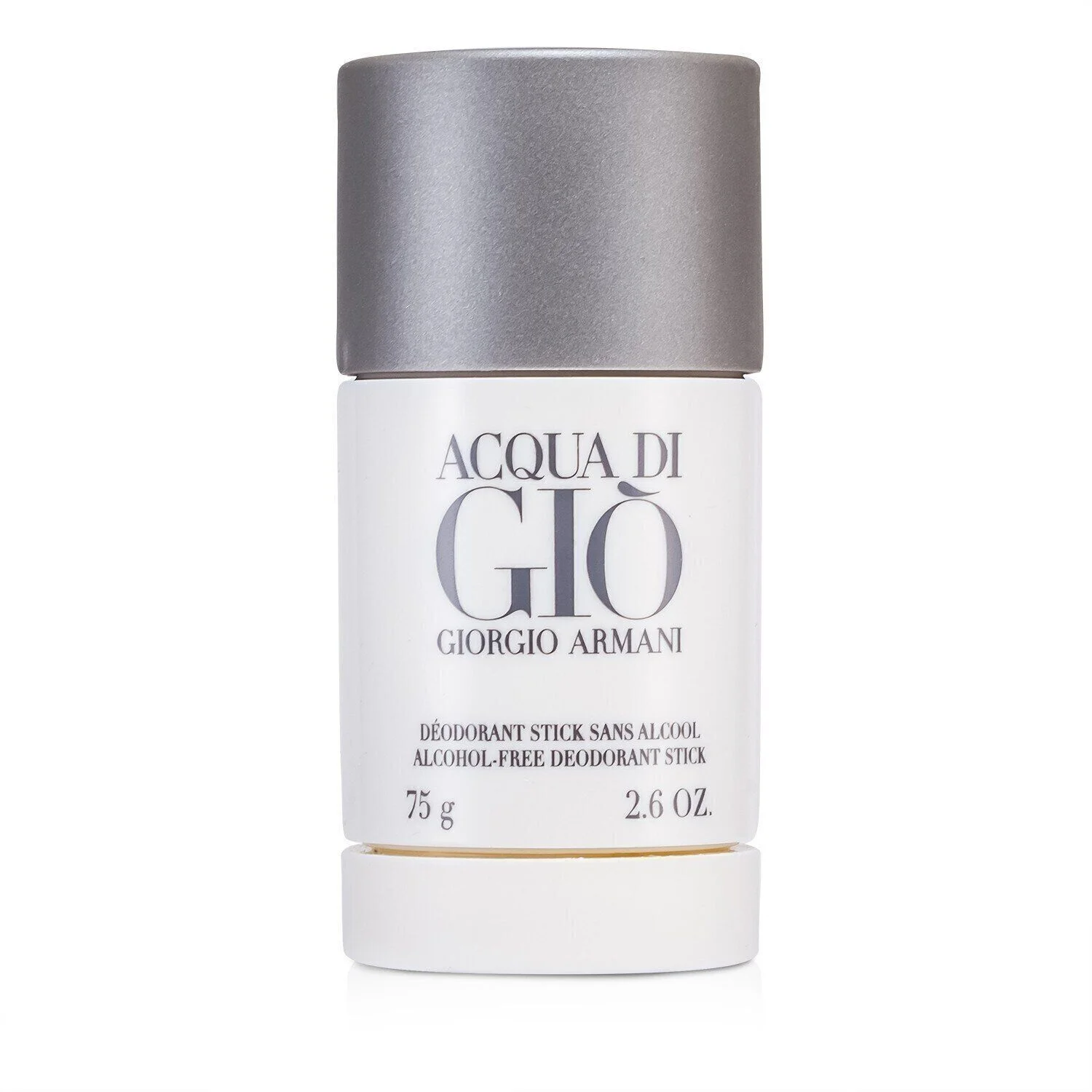 A white deodorant stick with a silver cap is shown against a white background. The brand name 'ACQUA DI GIO' and 'GIORGIO ARMANI' are printed on the stick in gray lettering. Below the brand name, 'D&Eacute;ODORANT STICK SANS ALCOOL' and 'ALCOHOL-FREE DEODORANT STICK' are printed, along with the weight '75 g' and '2.6 OZ.'.