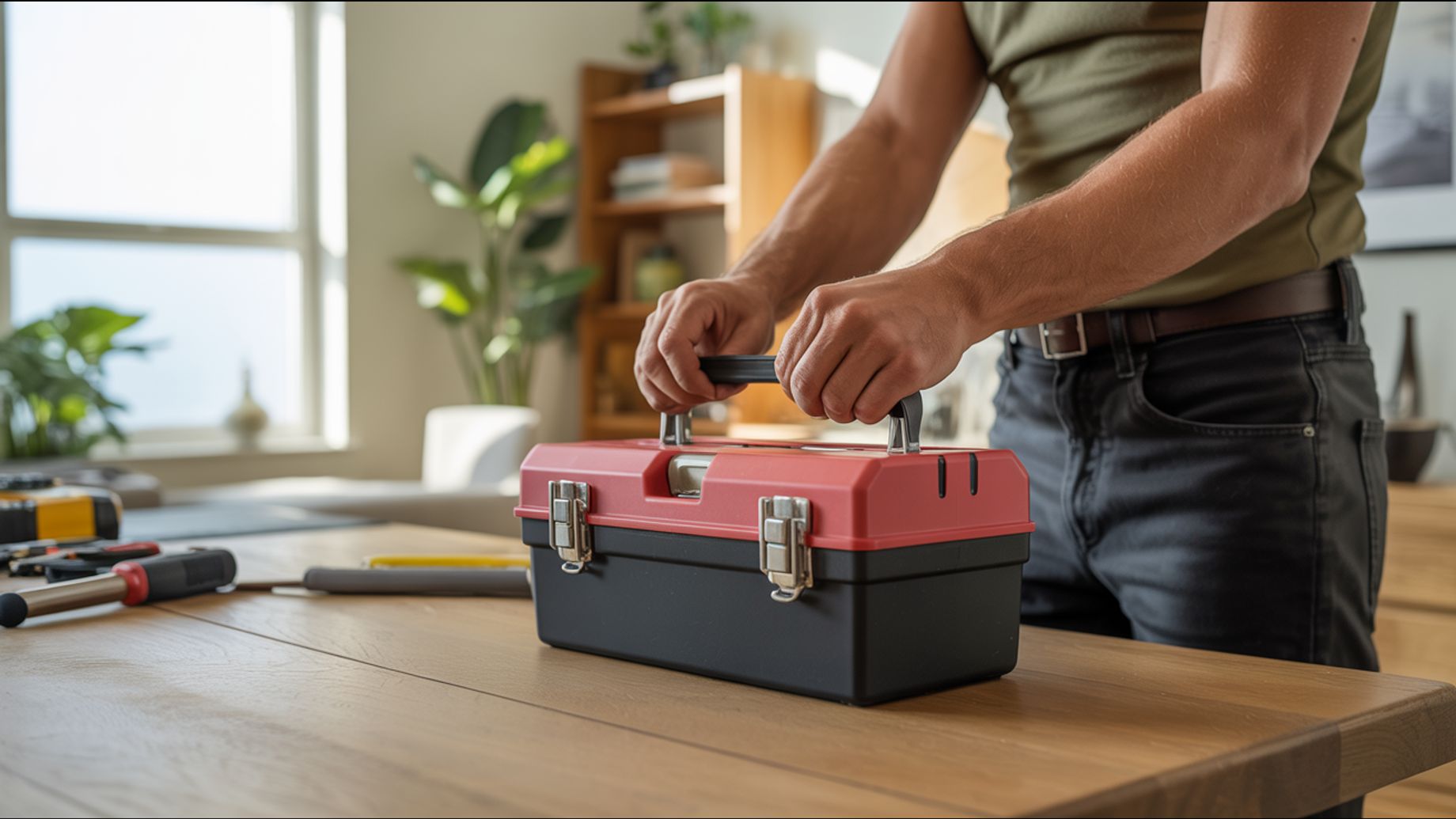 A person in a green t-shirt and jeans is seen closing a red and black toolbox. The toolbox is sittin 