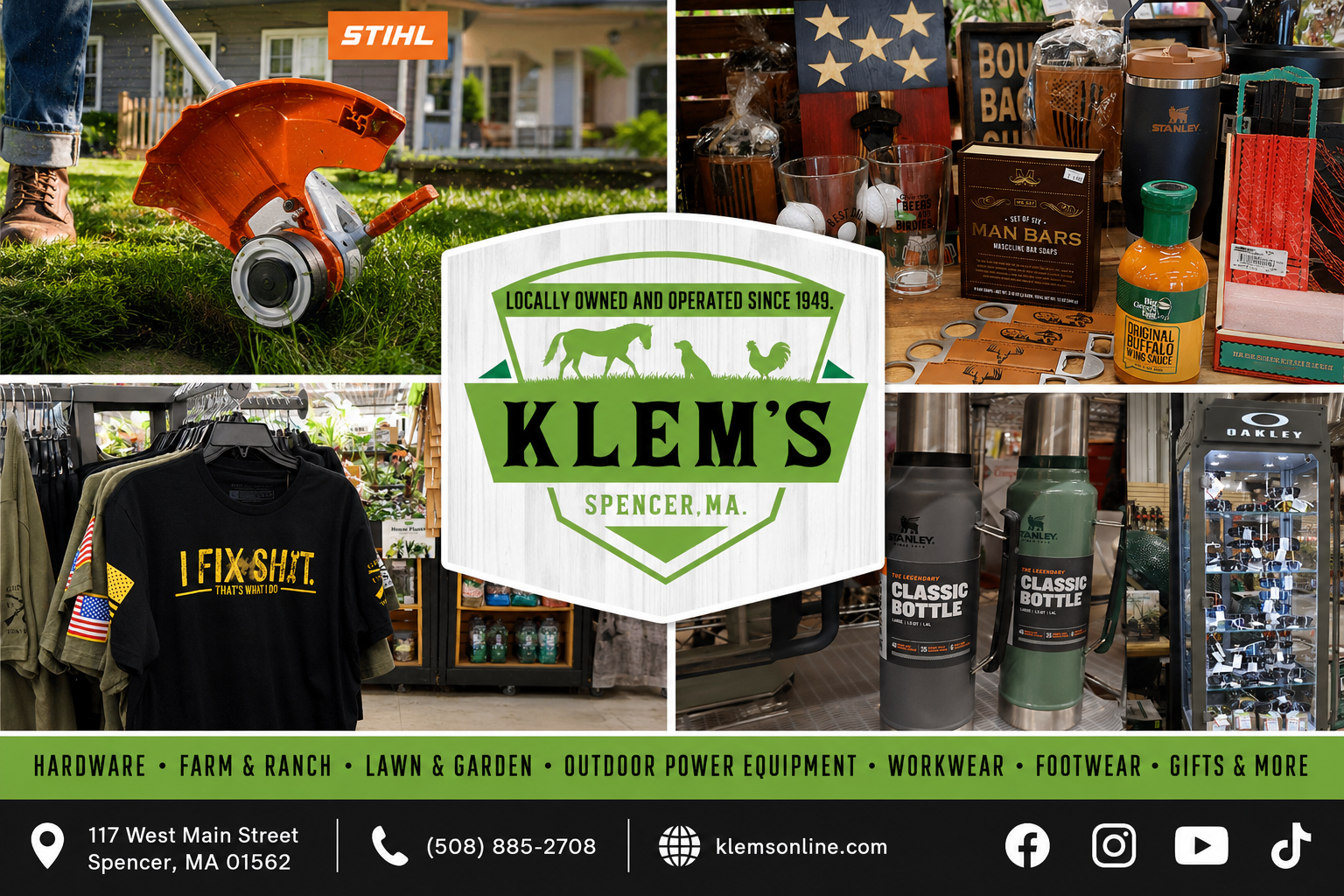 Explore the diverse selection at Klem's in Spencer, MA, featuring gifts, outdoor gear, workwear, drinkware, lawn and garden products, sunglasses, and specialty retail items for every lifestyle.