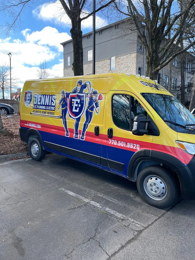 E. Dennis Heating, Cooling, Plumbing & Electrical yellow work van