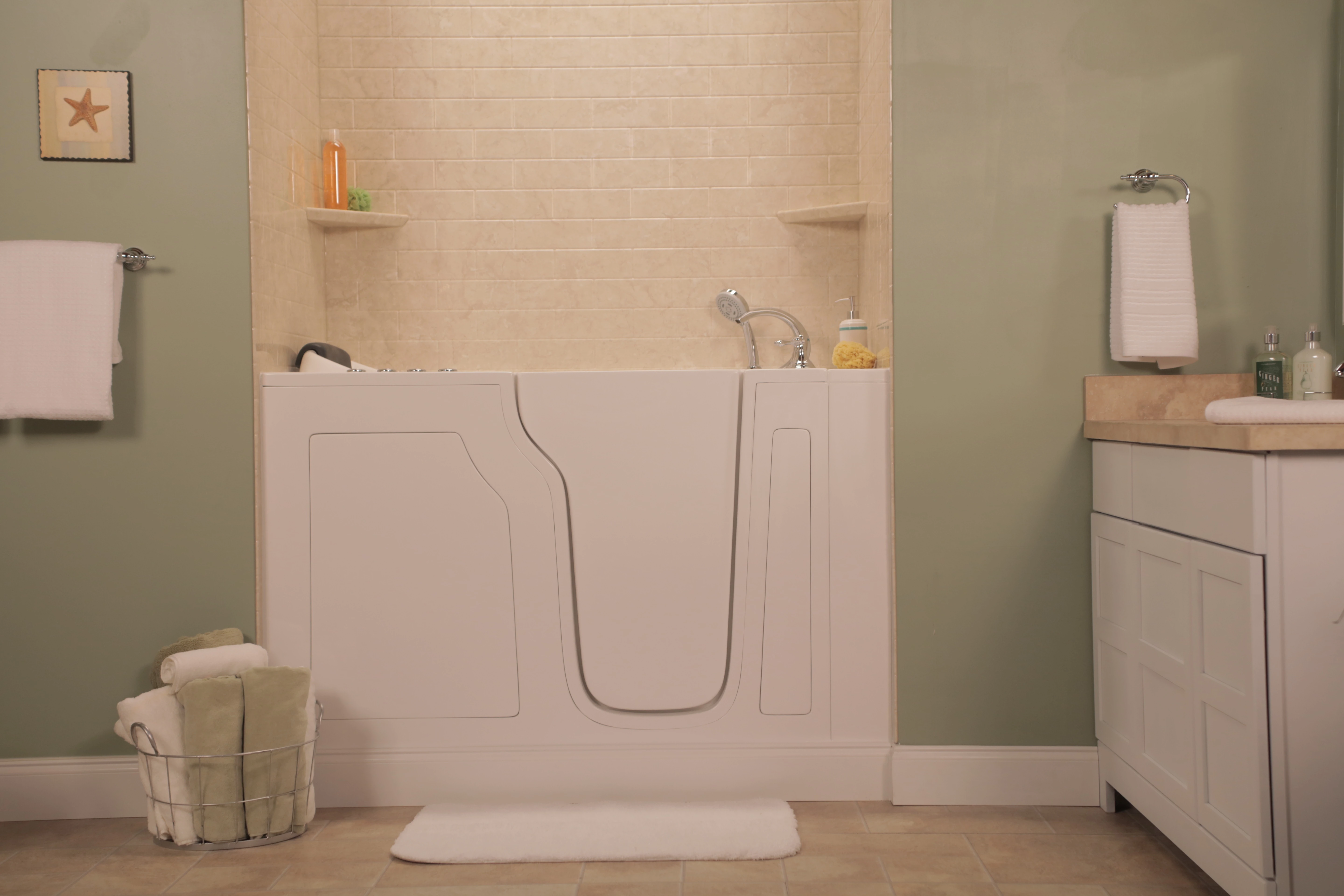 Walk-in bathtub with easy-entry door in warm, traditional bathroom setting