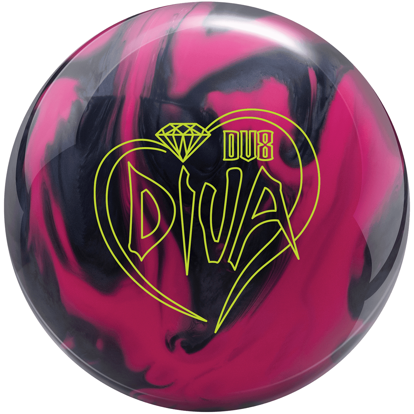 A close-up shot of a bowling ball with a vibrant pink and black marbled design. A bright yellow outline logo is prominently displayed on the surface of the ball. The logo features a diamond at the top, a heart shape encircling the word "DIVA" in stylized lettering, and the text "DU8" above the heart.