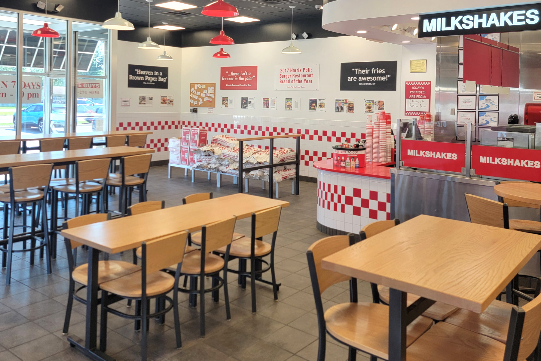 Photograph of the dining room of the Five Guys restaurant at 5399 S. US Highway 41 in Terre Haute, I 