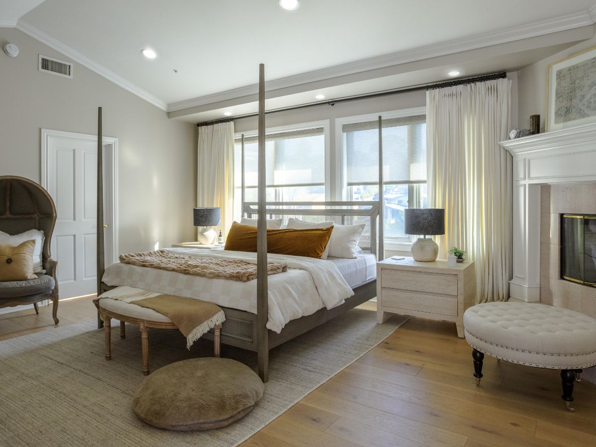 Transform your bedroom with motorized roller shades and drapery, offering ultimate  convenience, privacy, security and energy efficiency. Rest easy in a comfortable and stylish  space.