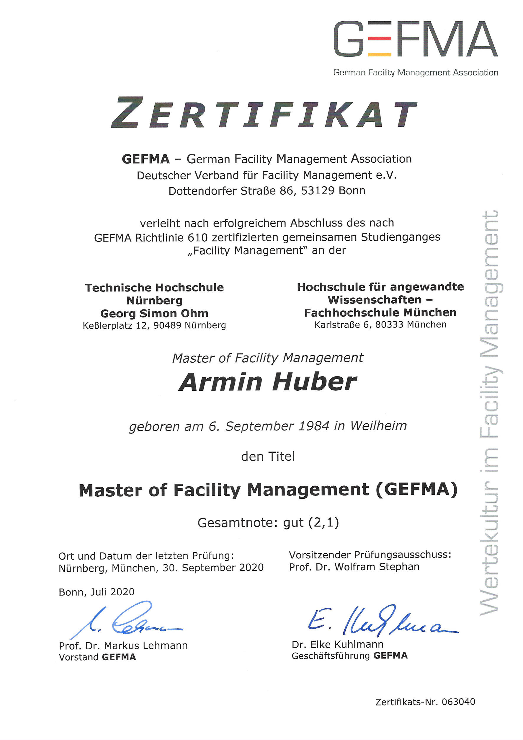 Zertifikat - Huber Fm München