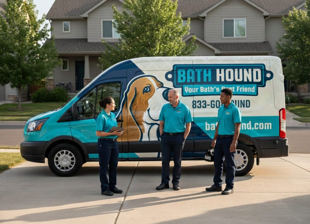 BathHound shower remodel and bath conversion team standing beside branded company service van in a Denver metro neighborhood before meeting with a homeowner. Local bathroom remodeling professionals specializing in walk-in showers, tub-to-shower conversions, bathtub replacement, shower installation, and accessible bath upgrades throughout Denver, Arvada, Aurora, Westminster, Centennial, Englewood, and surrounding Colorado communities.
