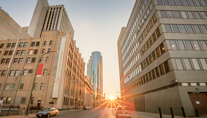 City street at sunset.