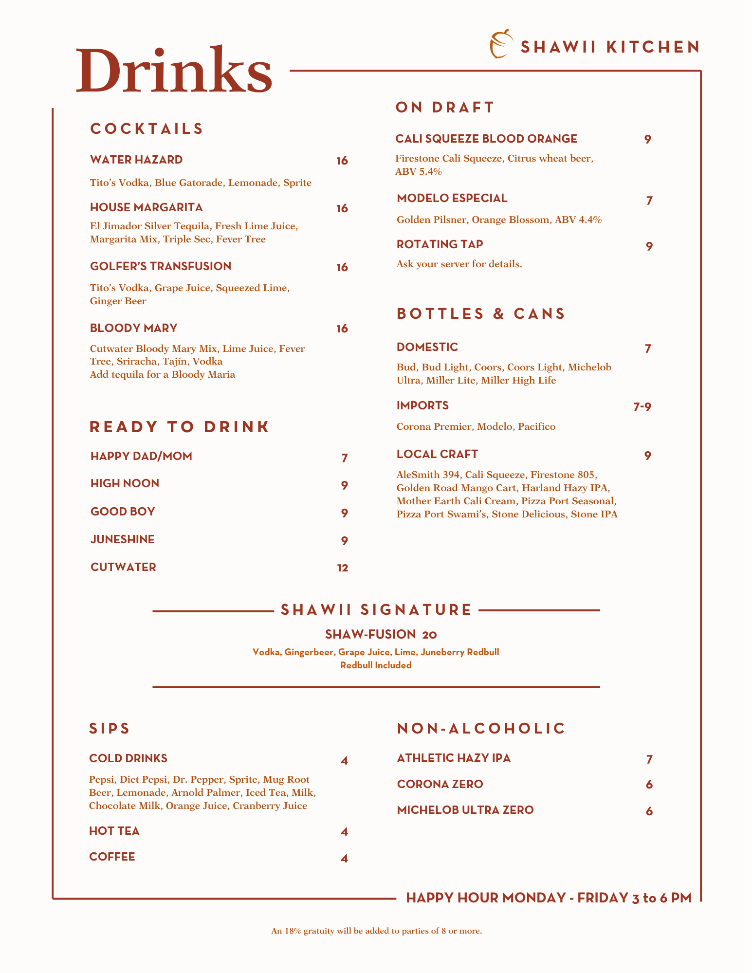 Drink Menu at Shawii Kitchen.
