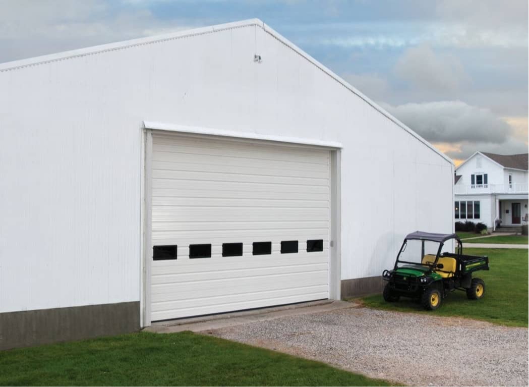 Commercial garage door on metal building
