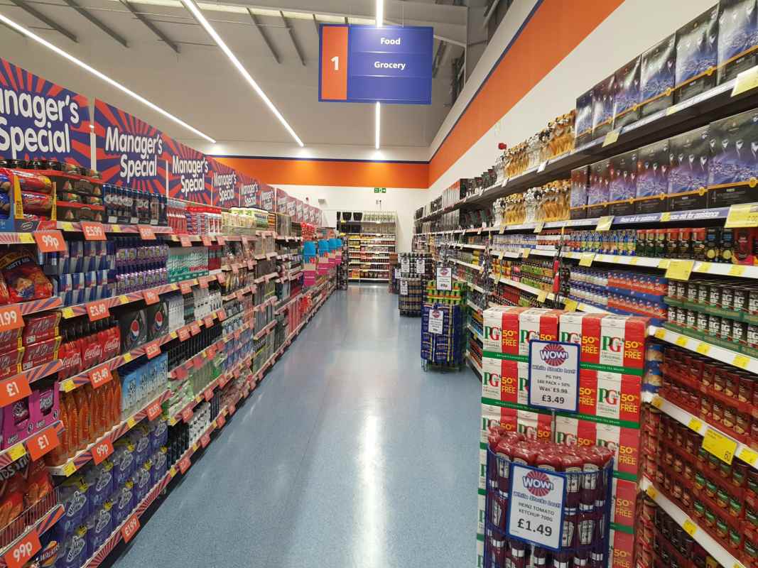 The 1st Aisle of B&M Anglia, ready for shoppers to browse on opening day.