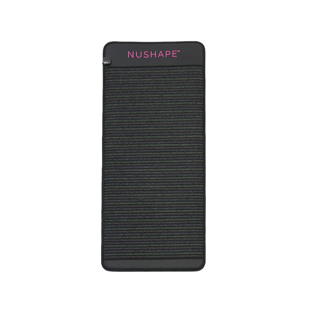 A dark gray rectangular mat with horizontal green stripes is shown against a white background. At the top of the mat, the word "NUSHAPE" is displayed in pink lettering with a small registered trademark symbol. The mat has rounded corners and appears to be an infrared PEMF mat.