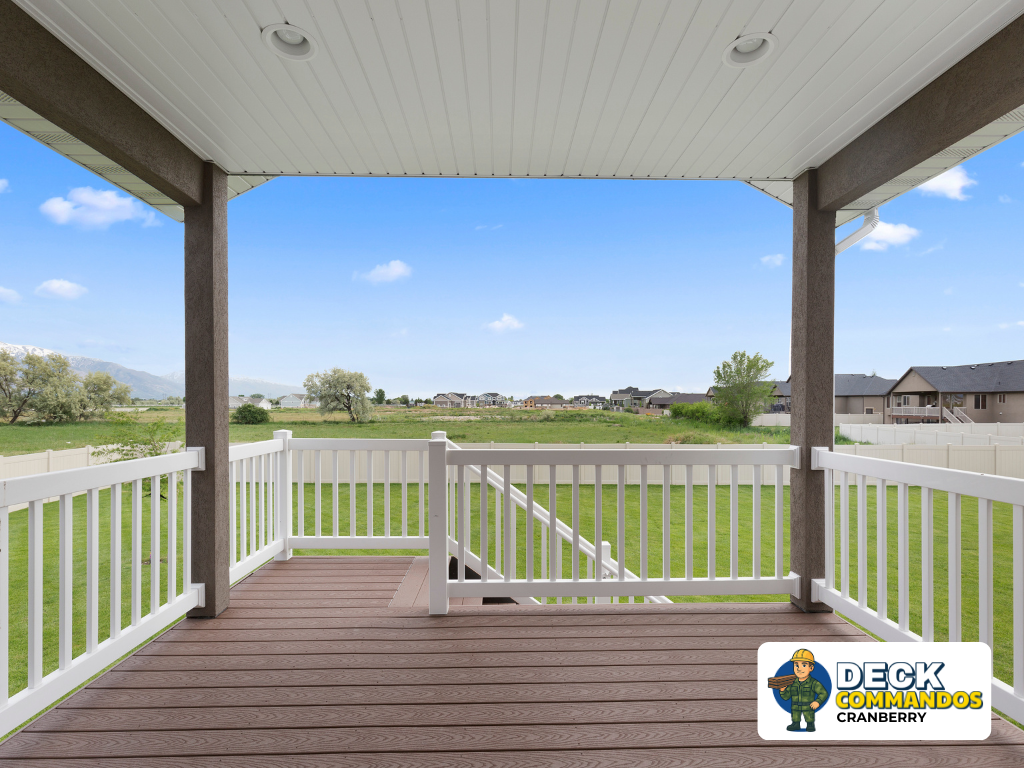 High-elevation composite deck with white railing and natural wood stain finish.